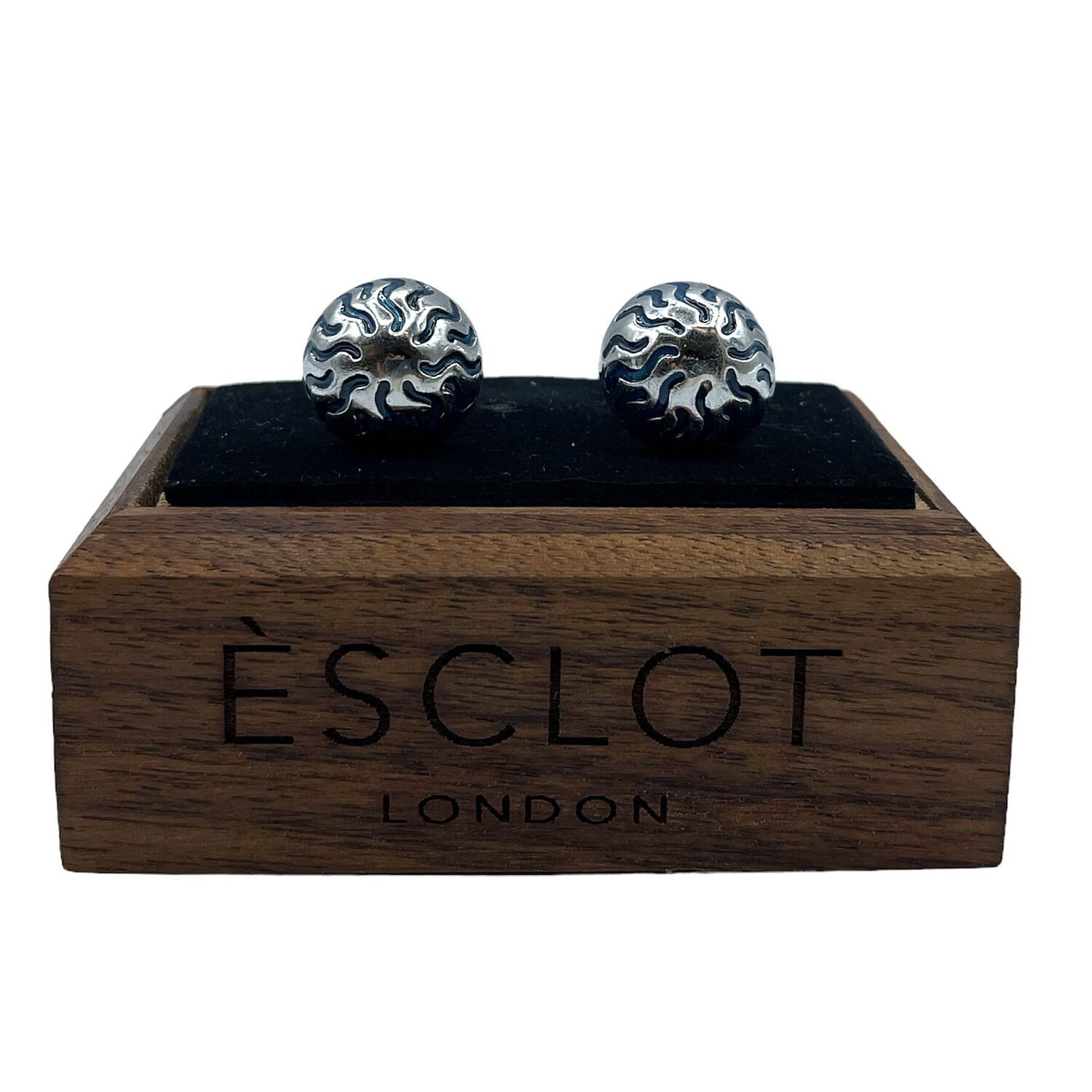 Silver Round Cone Blue Wave Cufflinks