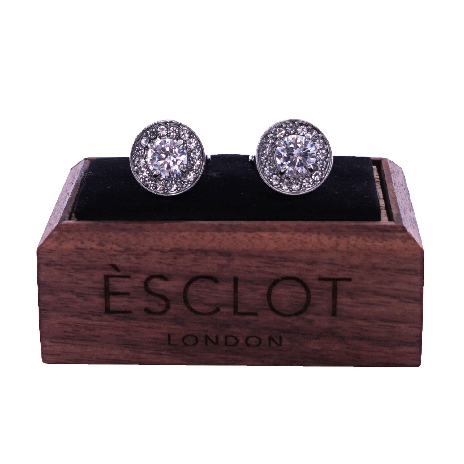 Silver Round Zirconia White Gem Cufflinks