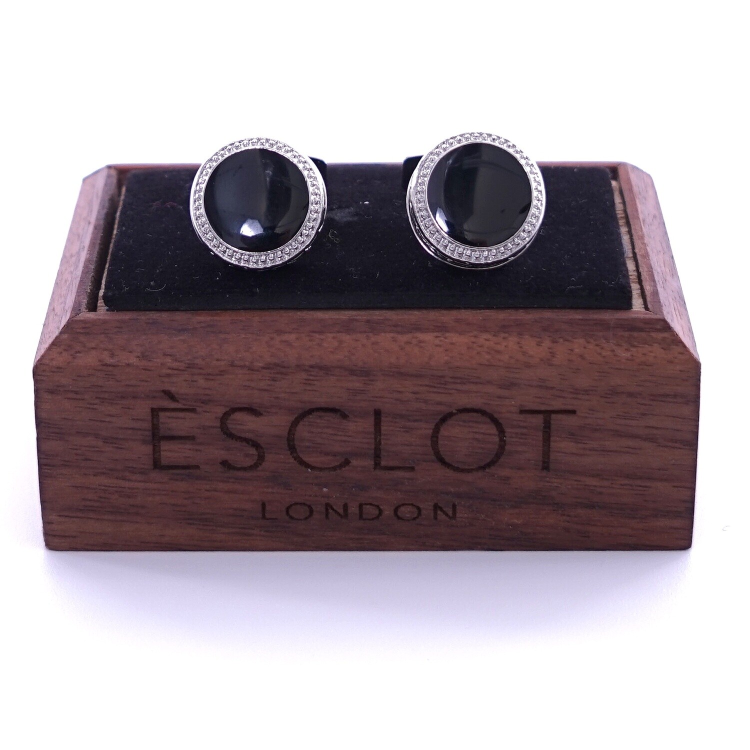 Silver Textured Edge Black Cufflinks