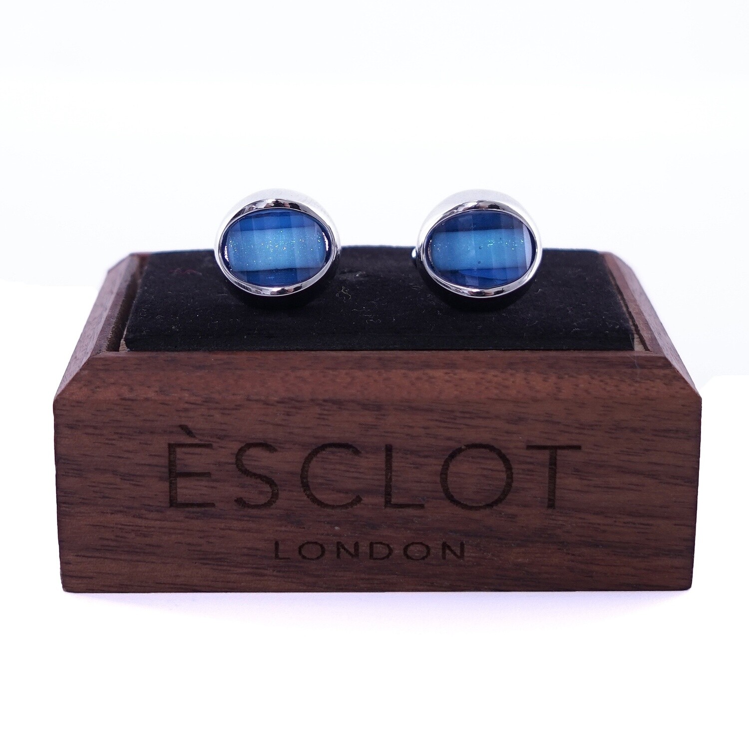 Silver Convex Blue Stripe Cufflinks