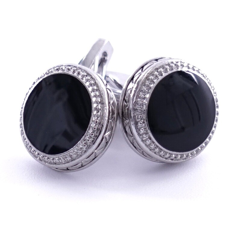 Silver Textured Edge Black Cufflinks