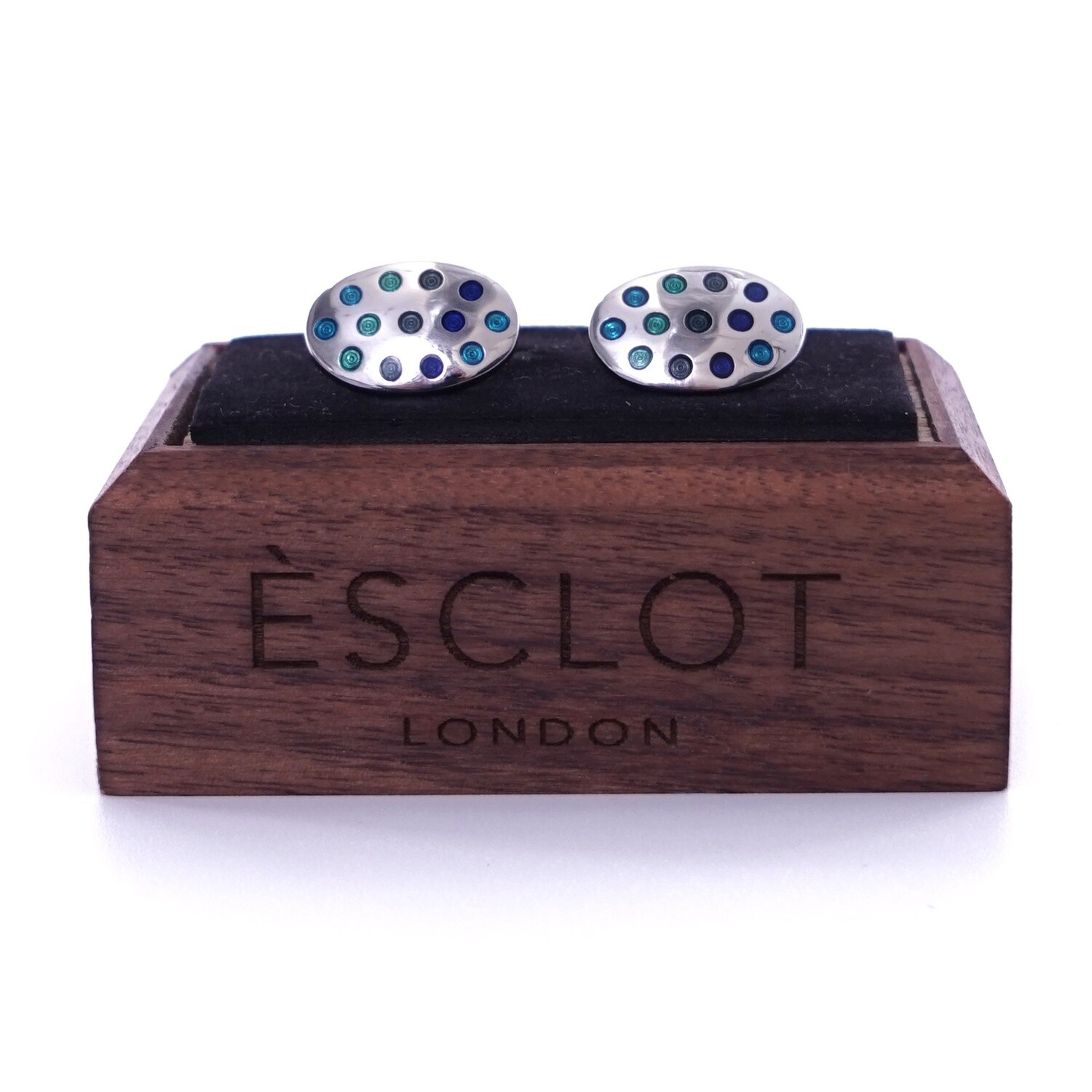 Silver Oval Blue &amp; Green Gem Cufflinks
