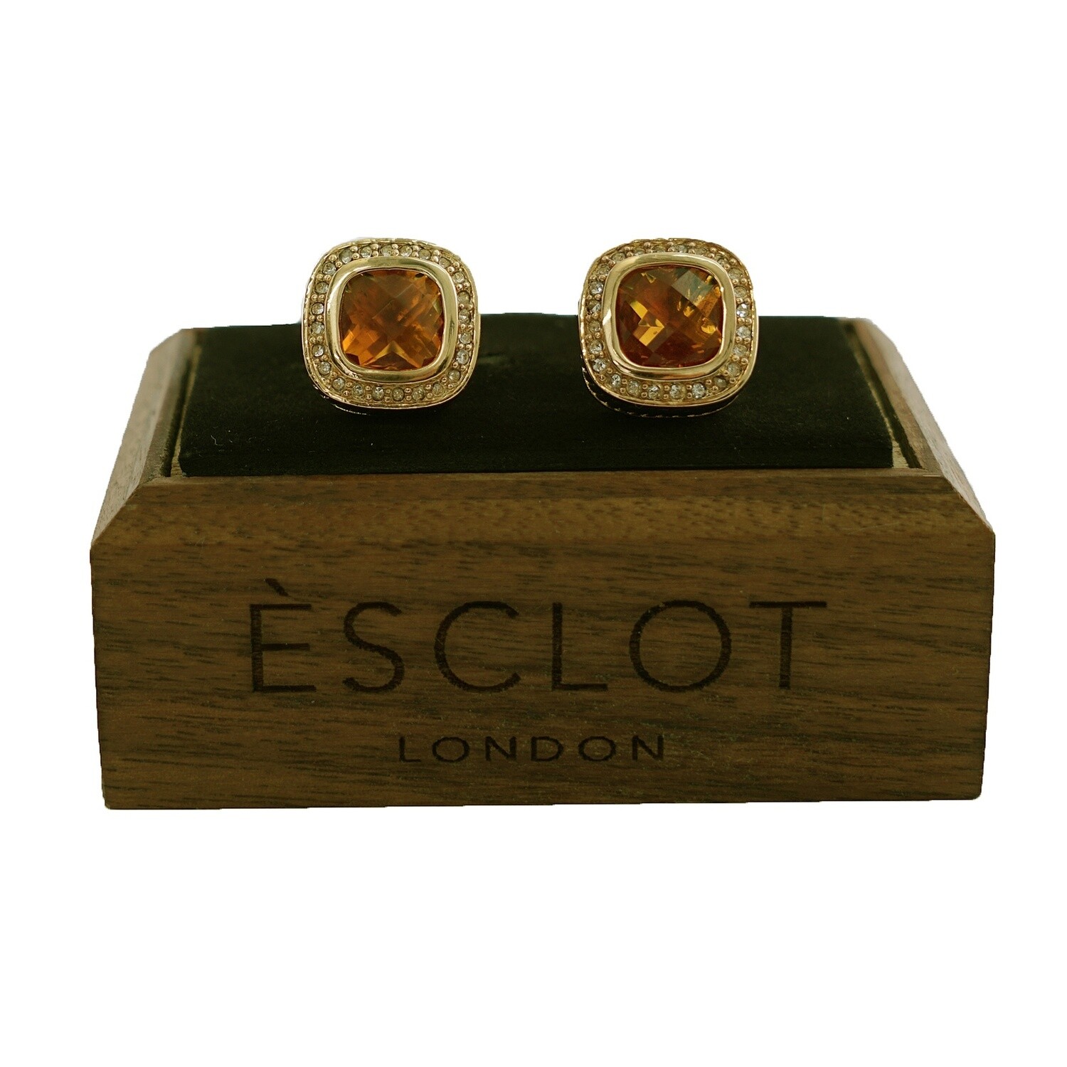 Gold Zirconia Edge Amber Gem Cufflinks