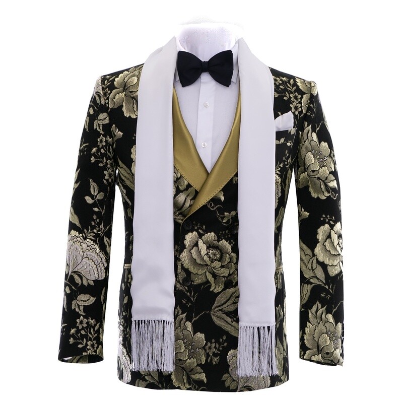 Green Black Shawl Lapel Floral Jacket