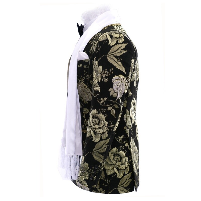 Green Black Shawl Lapel Floral Jacket