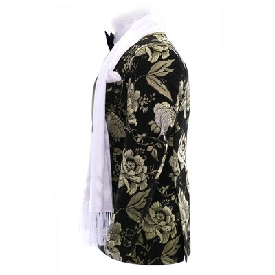 Green Black Shawl Lapel Floral Jacket