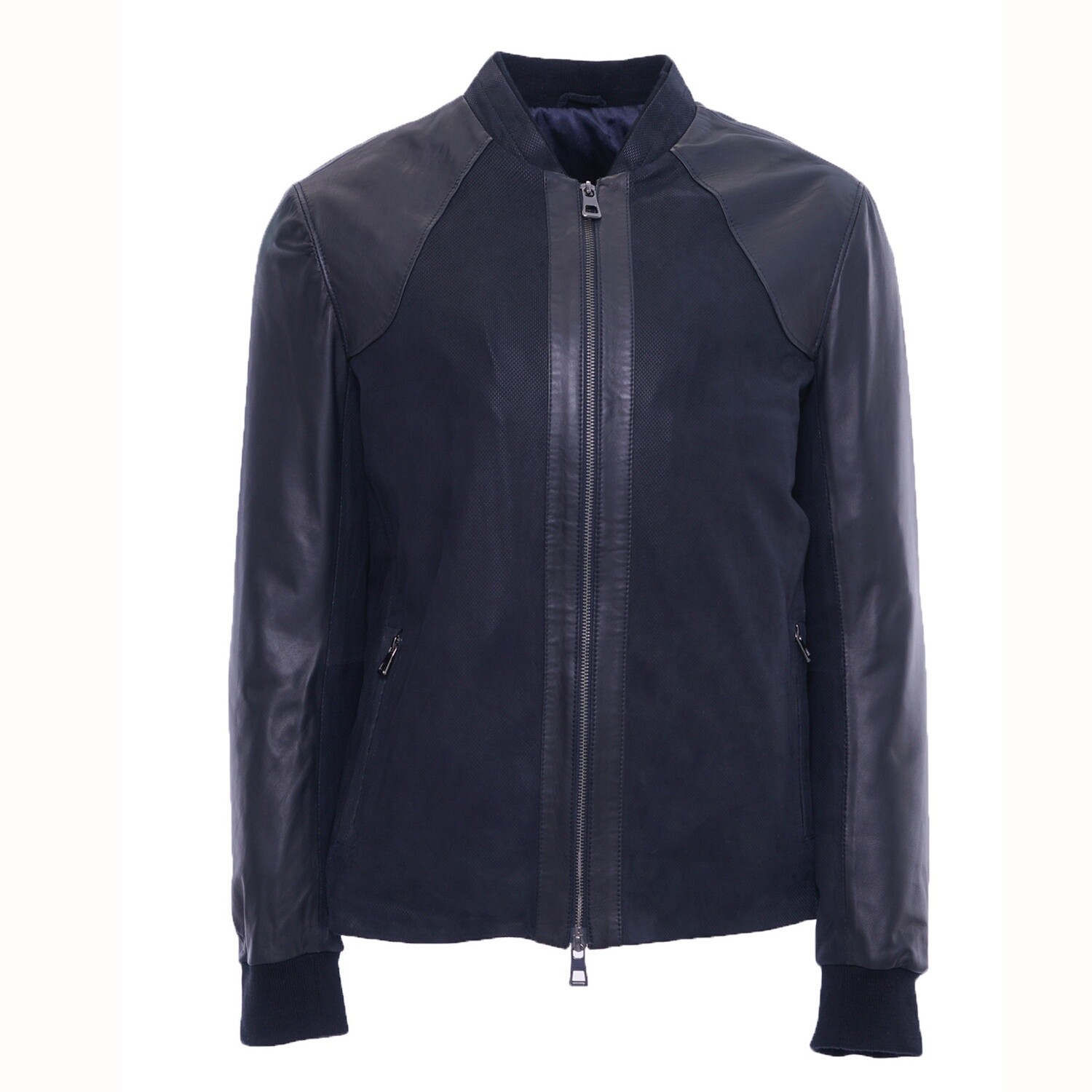 Navy Mesh Textured Leather Jacket