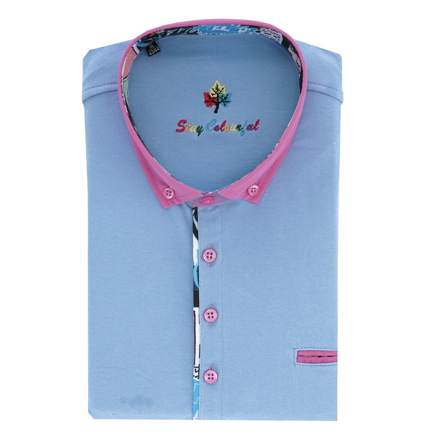 Sky Blue Button Down Comic Strip Collar Polo