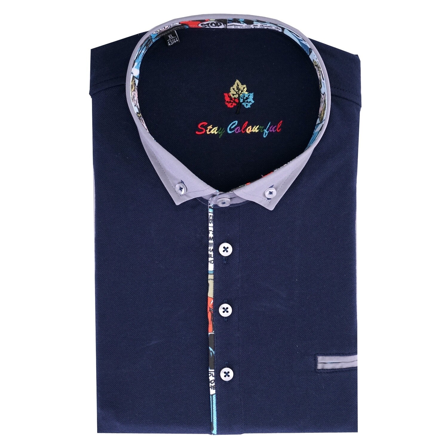 Navy Button Down Comic Strip Collar Polo