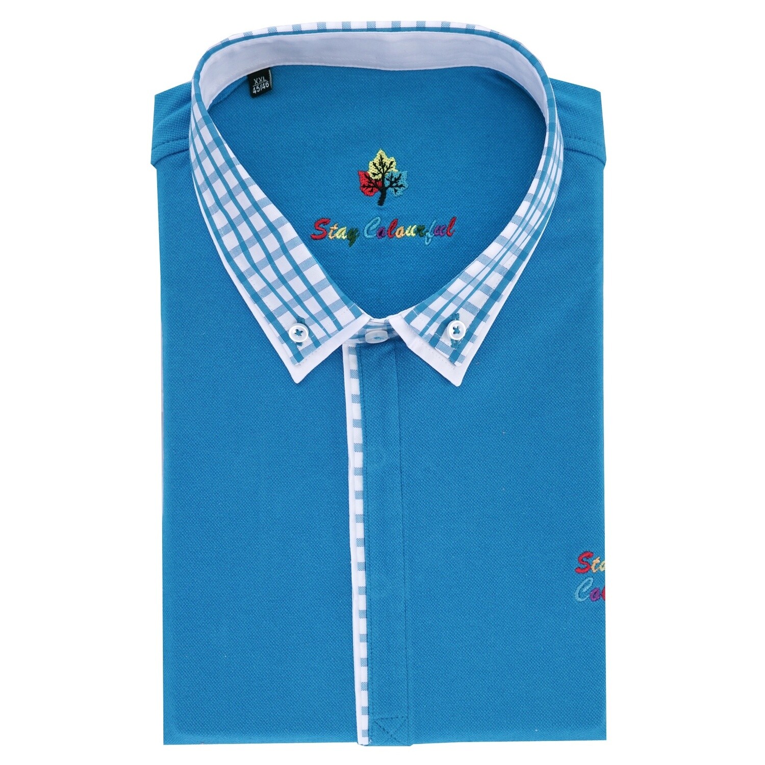 Blue Button Down Check Collar Polo