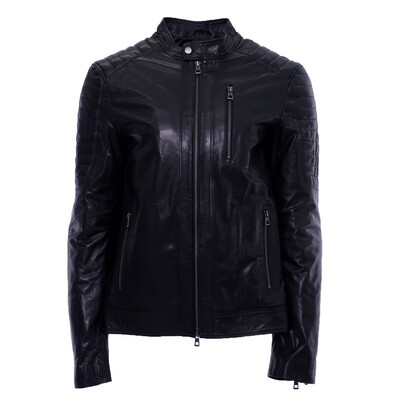 Black Ribbed Shoulder Leather Jacket