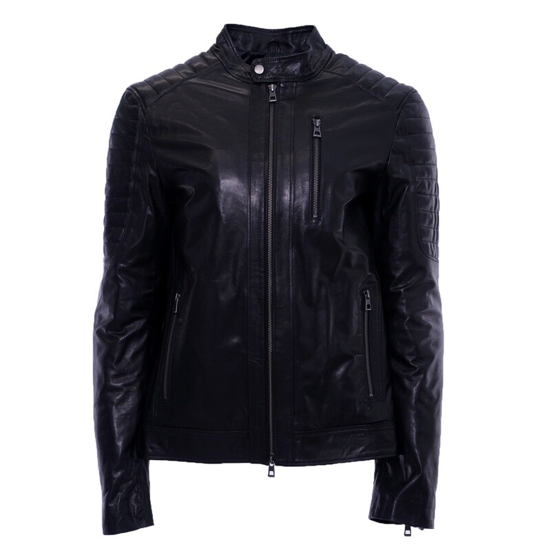 Black Ribbed Shoulder Leather Jacket