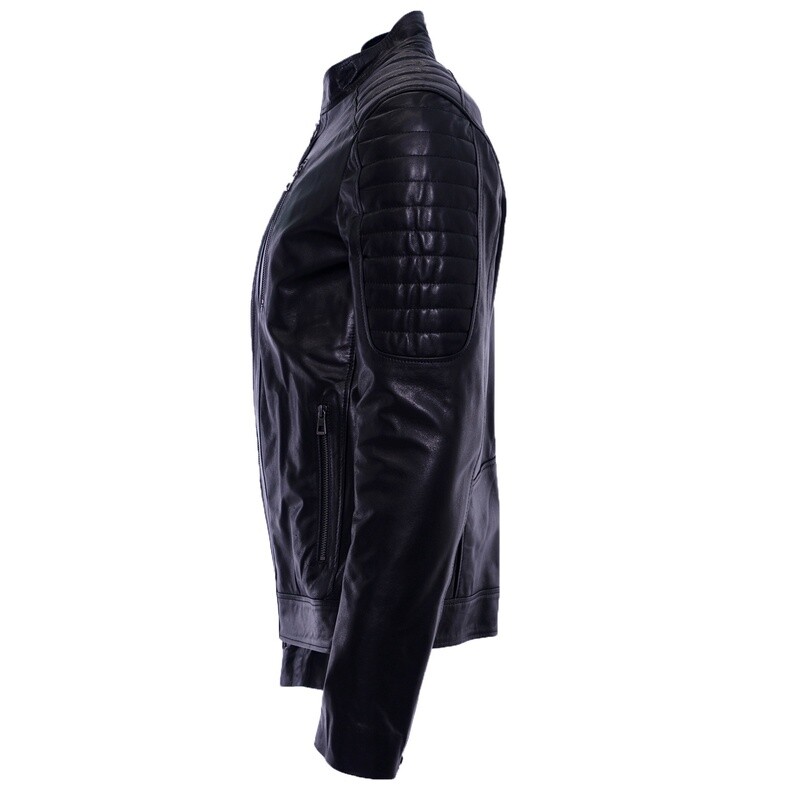Black Ribbed Shoulder Leather Jacket