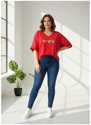 remera V cuello lurex, 3 corazones