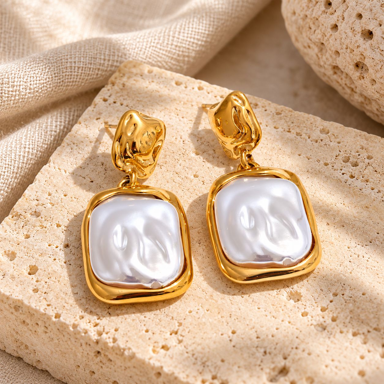 Organic Gold &amp; Pearl Drop Earrings