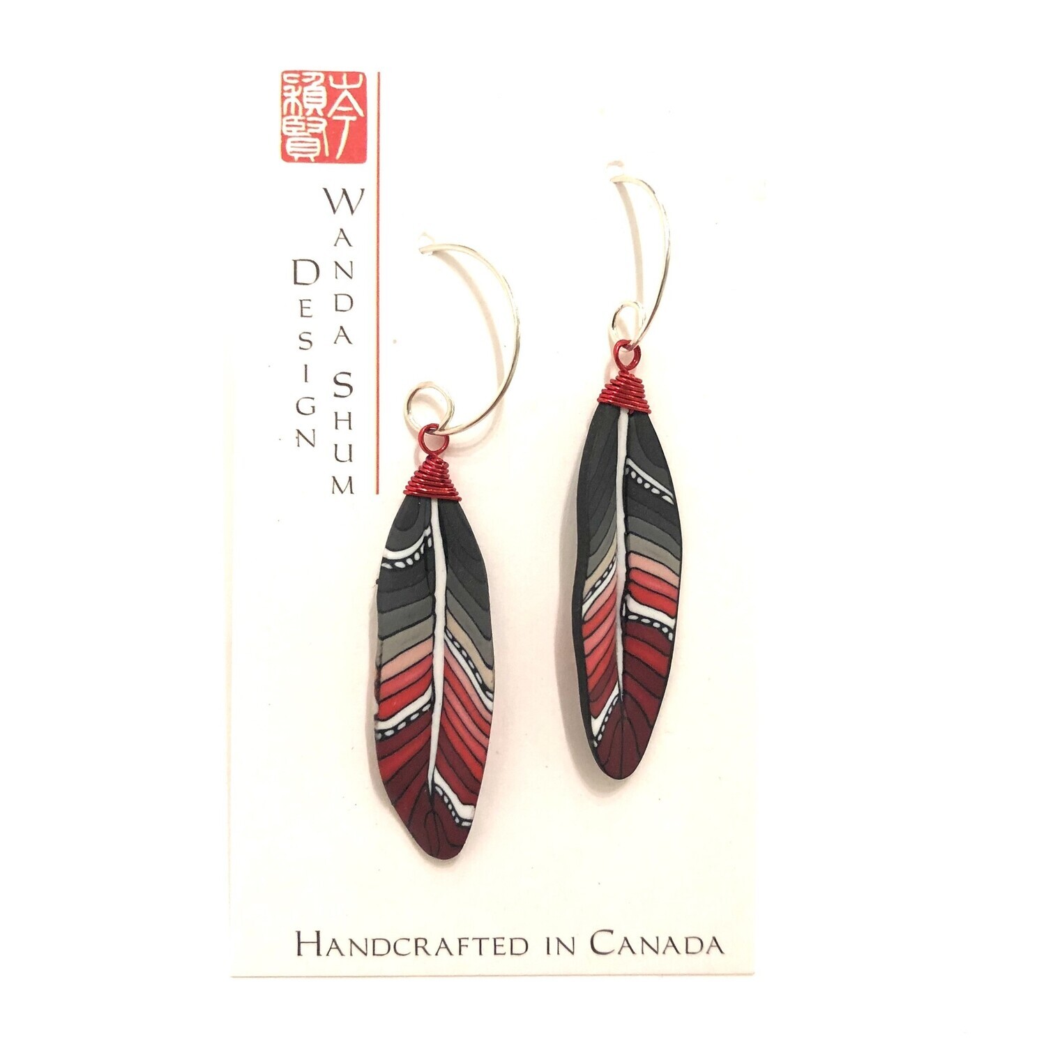 Earrings - Feather - Red, Size: - S