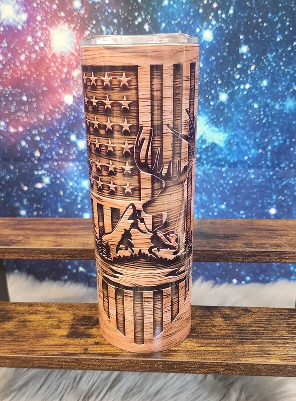 Ready to Purchase - Woodgrain Deer &amp; Flag Sublimation 20oz