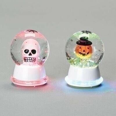 Skeleton &amp; Pumpkin Head Mini Neon Lit Waterglobe Set of 2