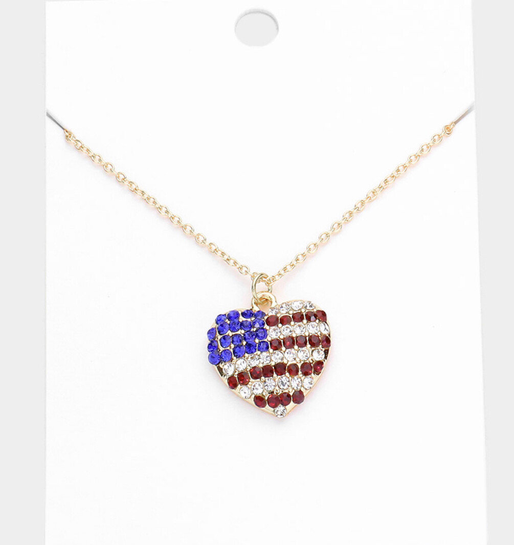 Rhinestone flag heart pendant necklace