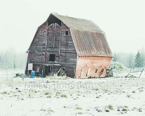 Leaning Red Barn In A Fresh Winter's Snow Digital File