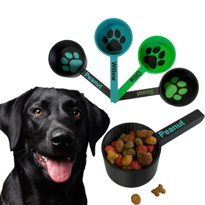 Custom Pet Dog Food Scoops – Durable ASA Plastic, Personalized 4 Color Combos, Customizable with Pet Name, Available in 3 Sizes