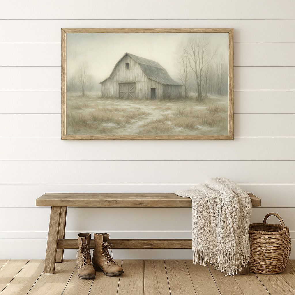 ​Whispers of First Snow – Rustic Barn in Late Fall Art Print