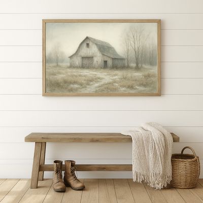 ​Whispers of First Snow – Rustic Barn in Late Fall Art Print