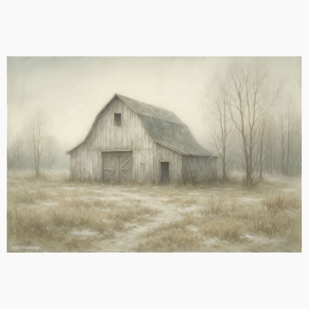 ​Whispers of First Snow – Rustic Barn in Late Fall Art Print