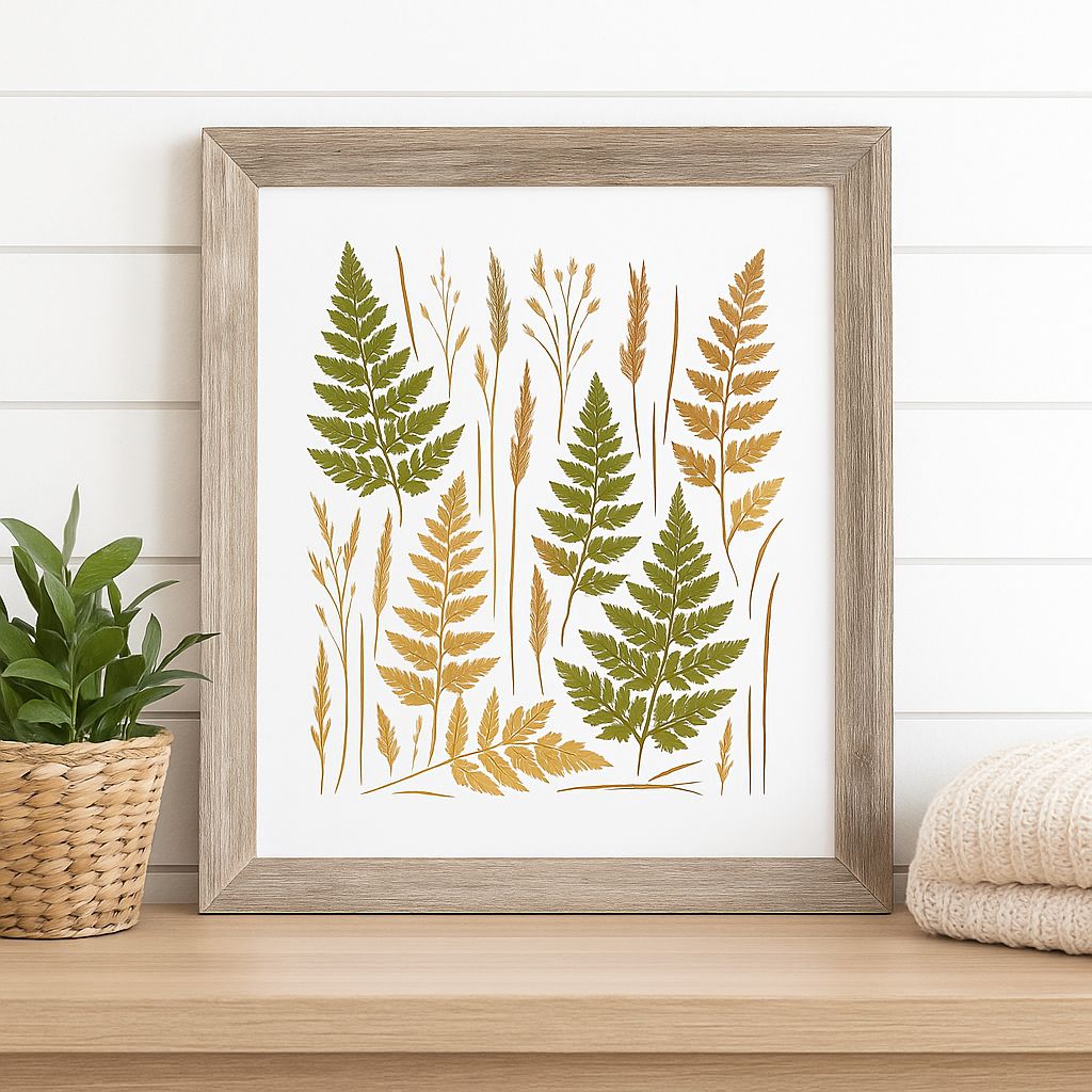 Golden Tones of Autumn Pressed Ferns & Grasses – Modern Farmhouse Botanical Print (Digital Download, You Print)
