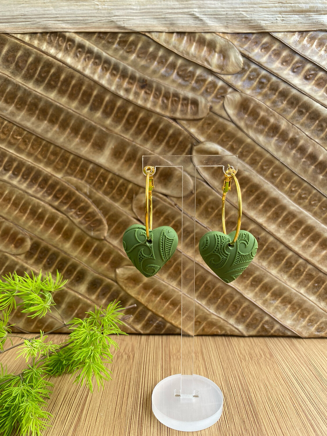 Koru Inspired Gold And Olive Large Puff Hearts