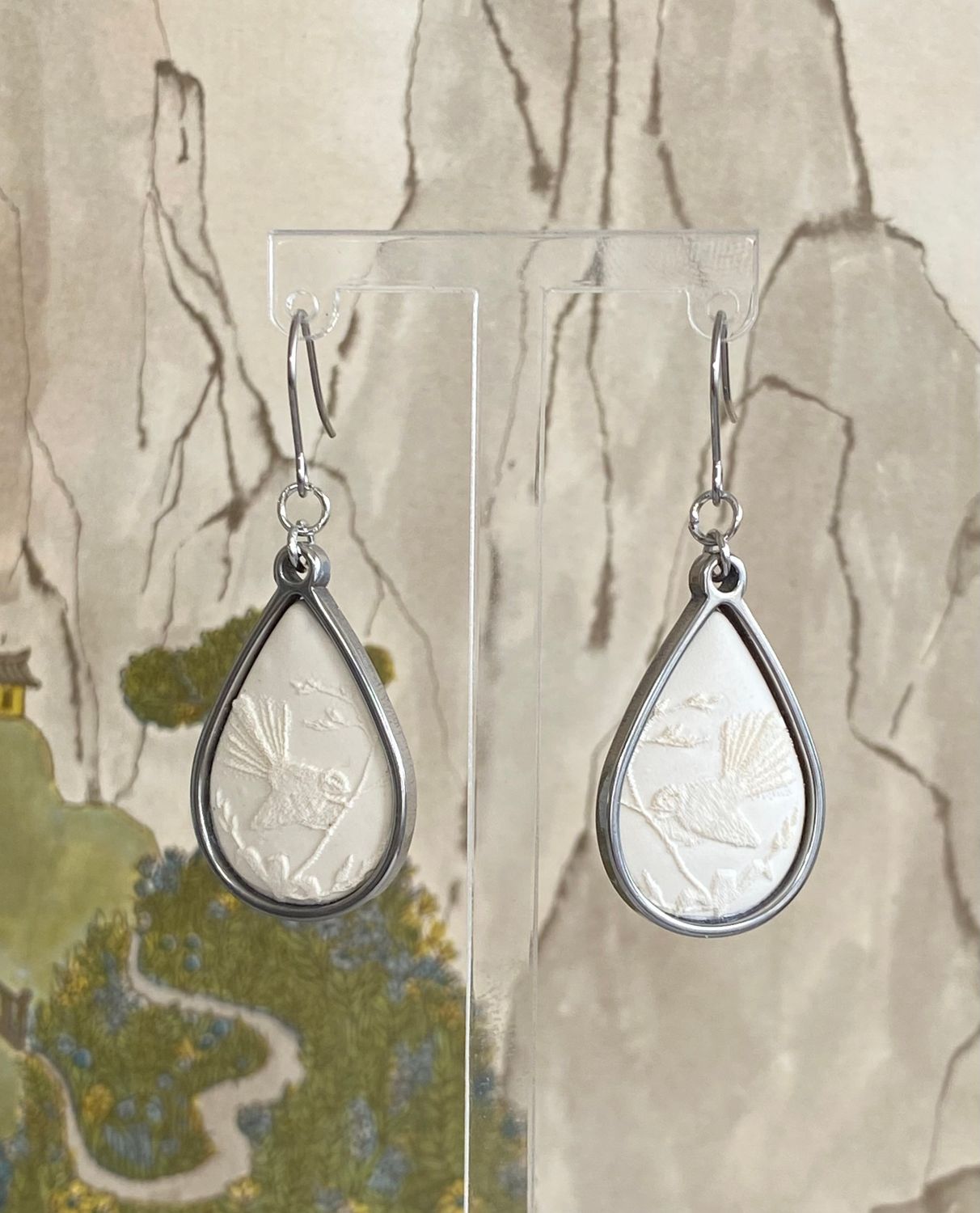 Piwakawaka Silver Toned Ivory Large Drops