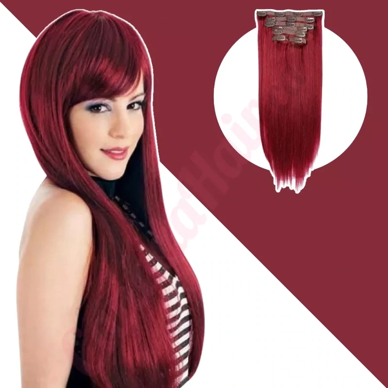Burgundy Clip in human hair extensions - 110g