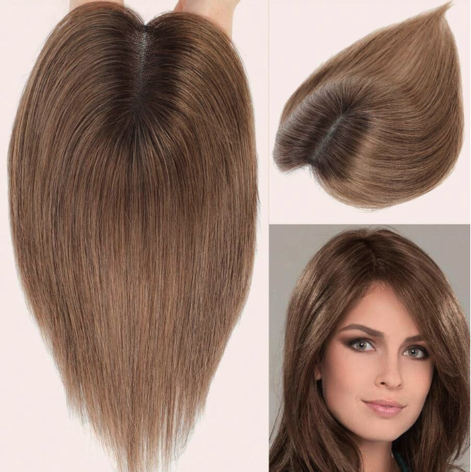 Light Brown dark roots Human Hair topper straight - 12 inch