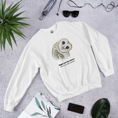 Unisex Sweatshirt featuring a wildlife art of a barn owl, as seen on the cover of &#39;Remarkable Creatures: a guide to some of Ireland’s disappearing animals&#39; by Aga Grandowicz