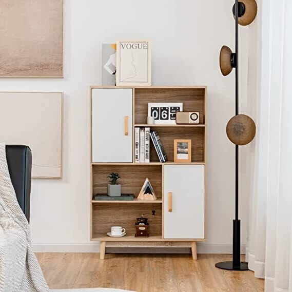 COSTWAY Bookcase, 4-Tier Shelving Unit with 2 Doors, Storage Unit with Anti-Scratch Glides and Anti-Tip Device, Large Capacity, for Living Room, Office, 80x24x119.5cm (White+Natural)