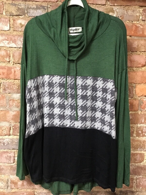 Olive Grey &amp; Blk Houndstooth Hood Top