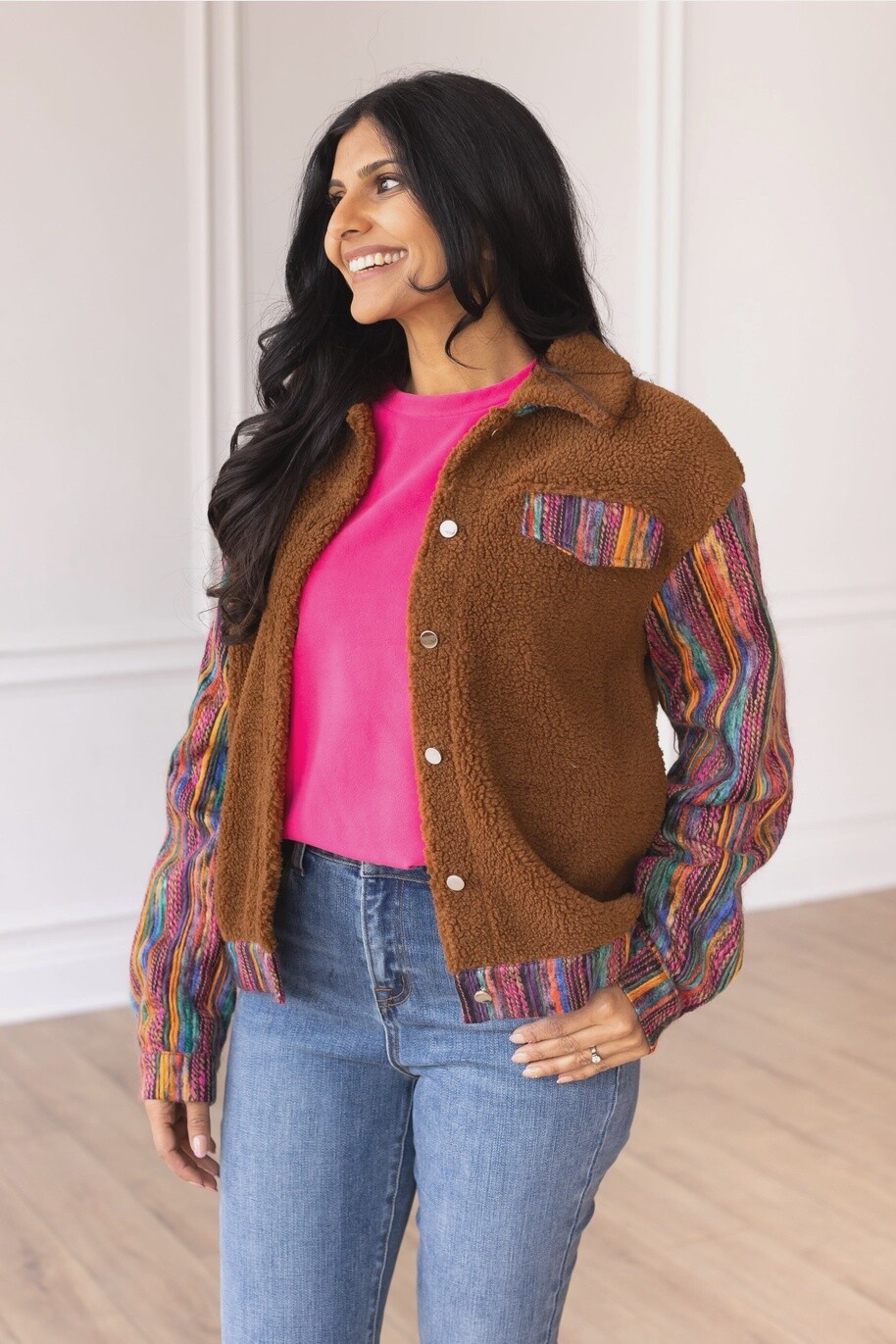 Brown Sherpa w/Multi colored Sleeves