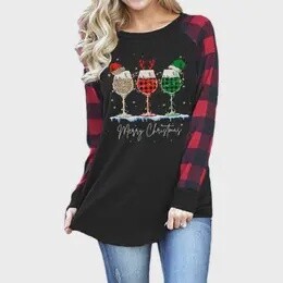 Chrismas Wine Long Sleeve Plaid Top