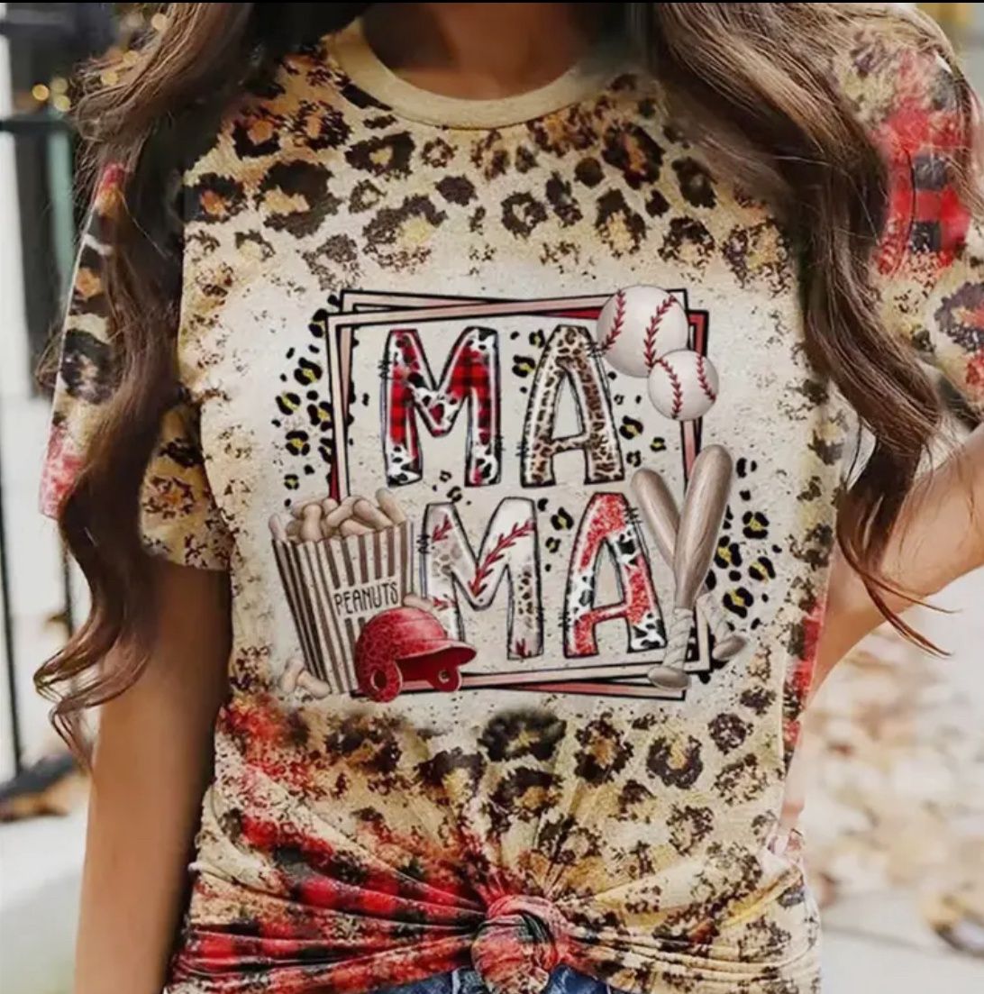MAMA Baseball Leopard Plaid T-shirt