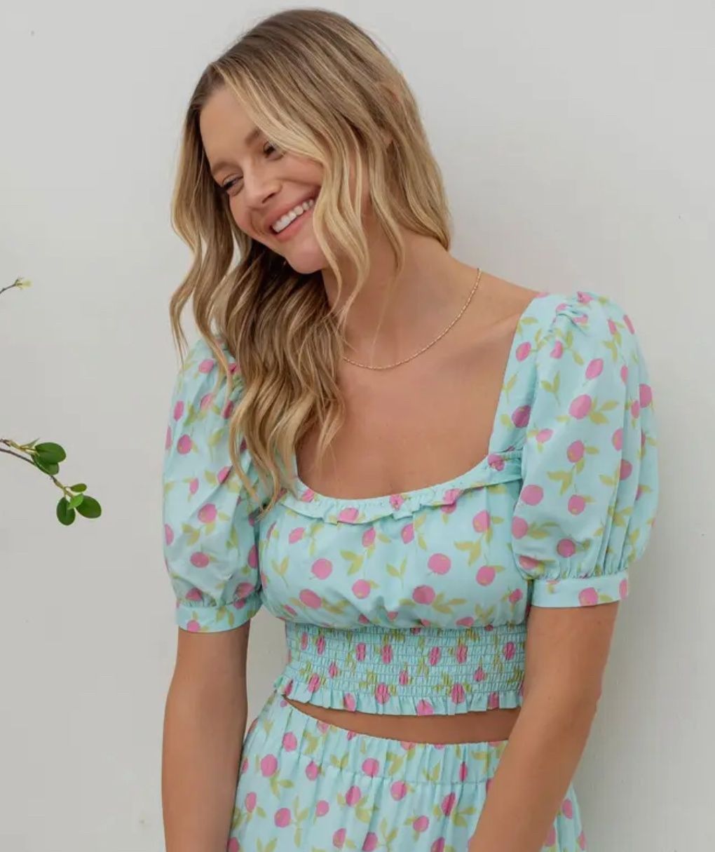 Fruit Print Balloon Sleeve Mint Crop Top