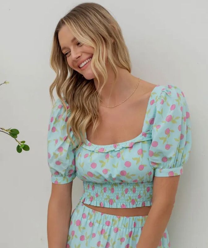 Fruit Print Balloon Sleeve Mint Crop Top