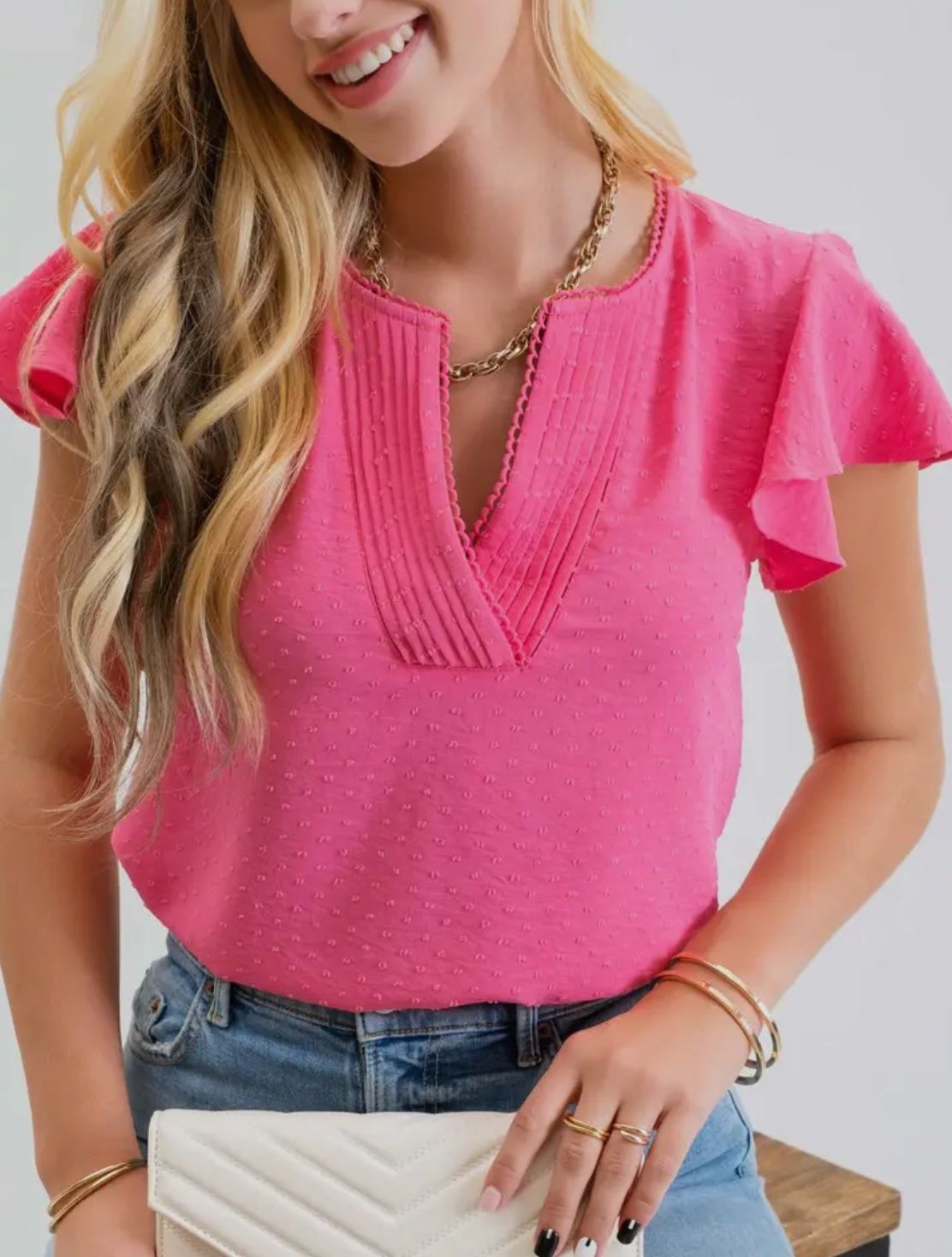 Lace Edge Split Neckline Woven Fushia Top