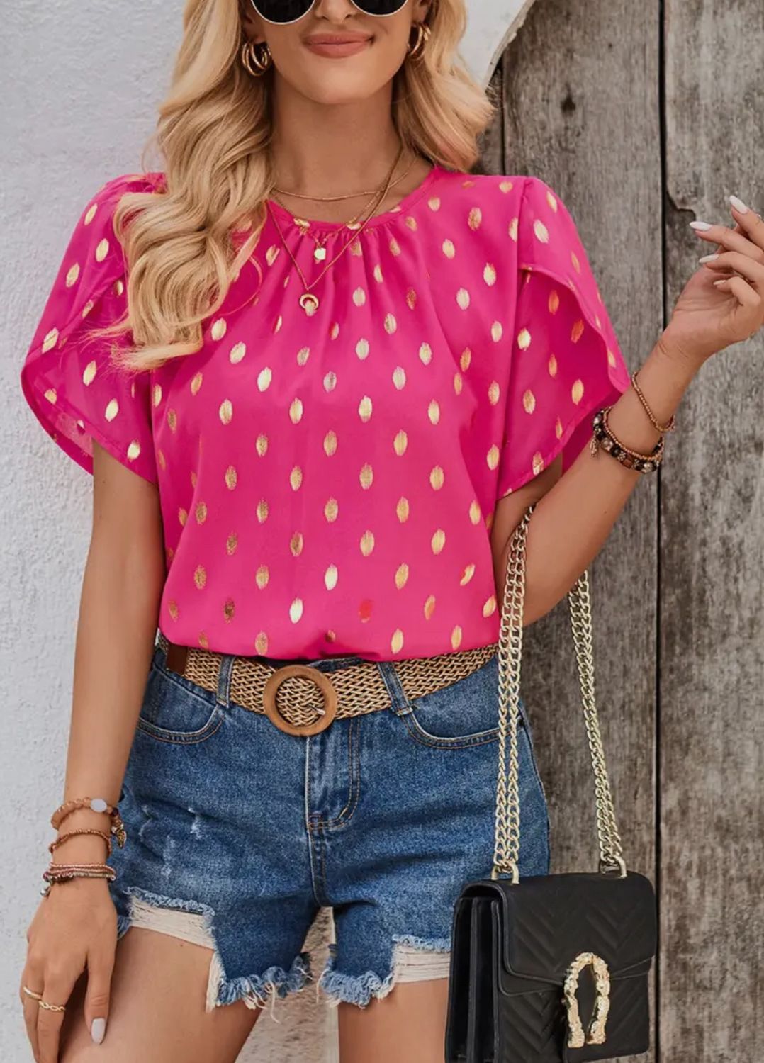 Round Necked Pleated Polka Dot Pink Top