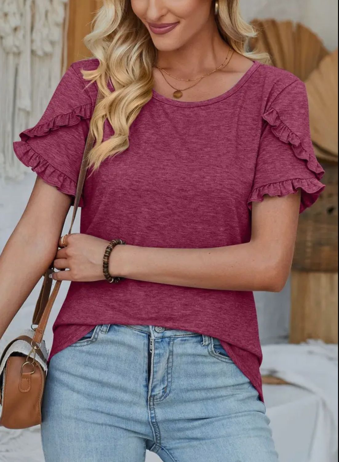 Round Neck Petal Sleeve Purple Solid Top