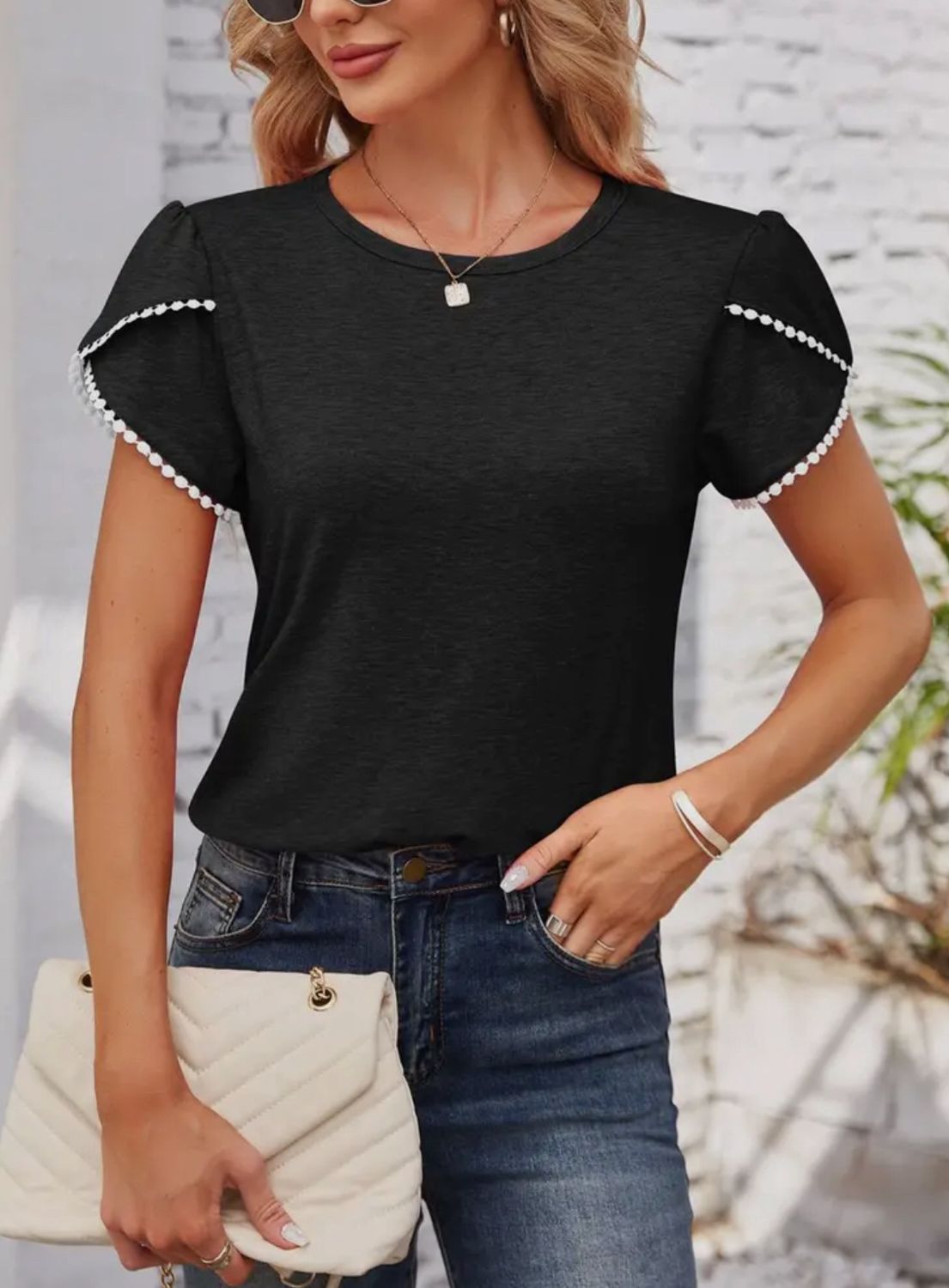 Round Neck Petal Sleeve Loose Casual Top