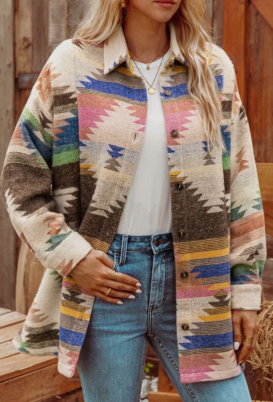 Western Aztec Print Button Up Shacket