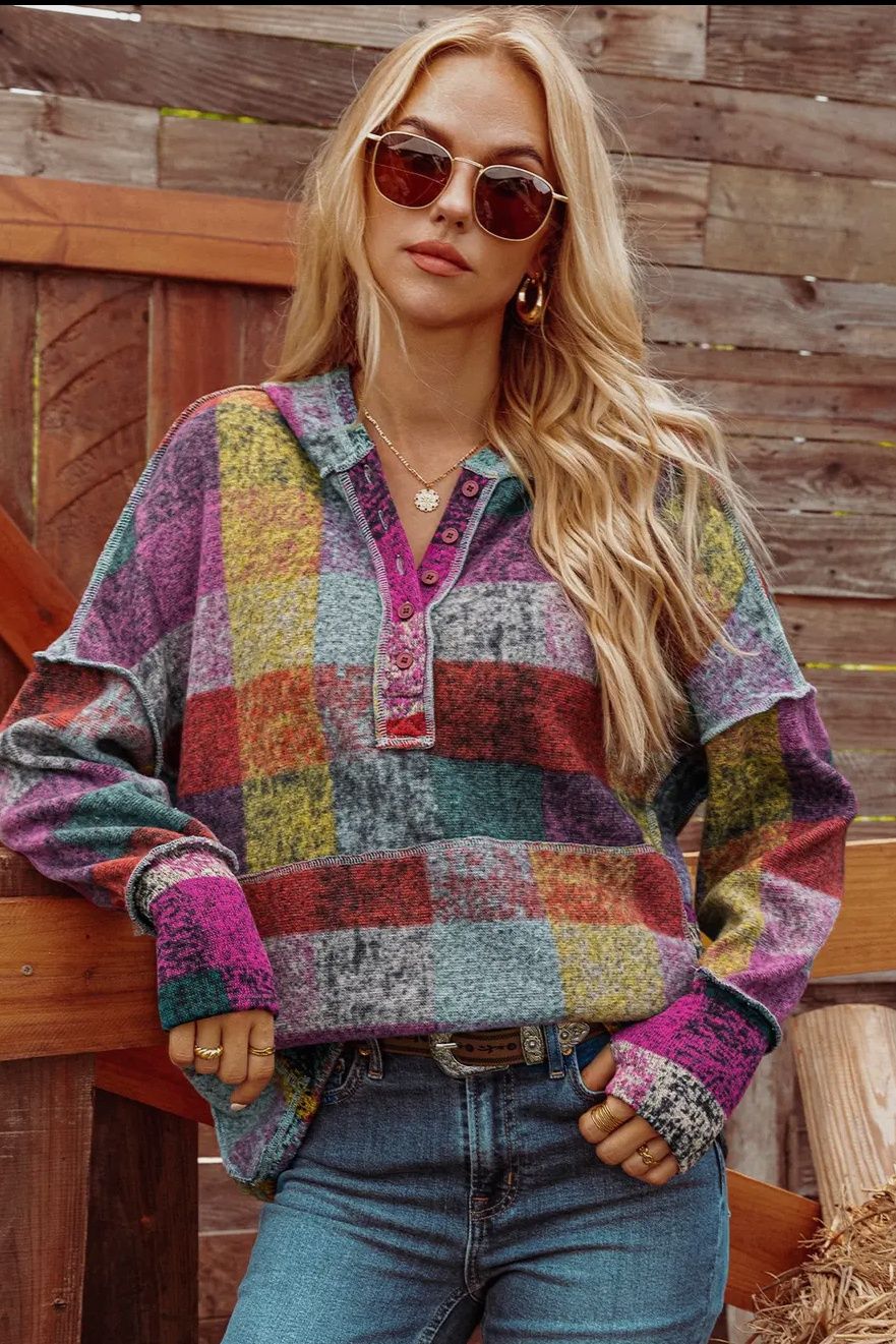 Brushed Plaid Buttoned Oversized Pullover