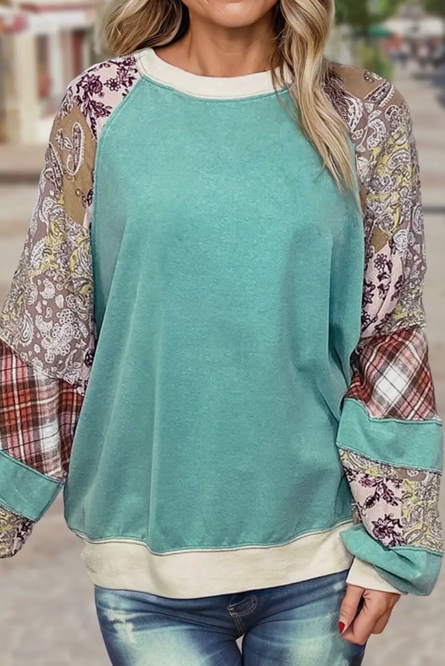 Plaid Paisley Mix Printed Long Sleeve Top, Size: Small