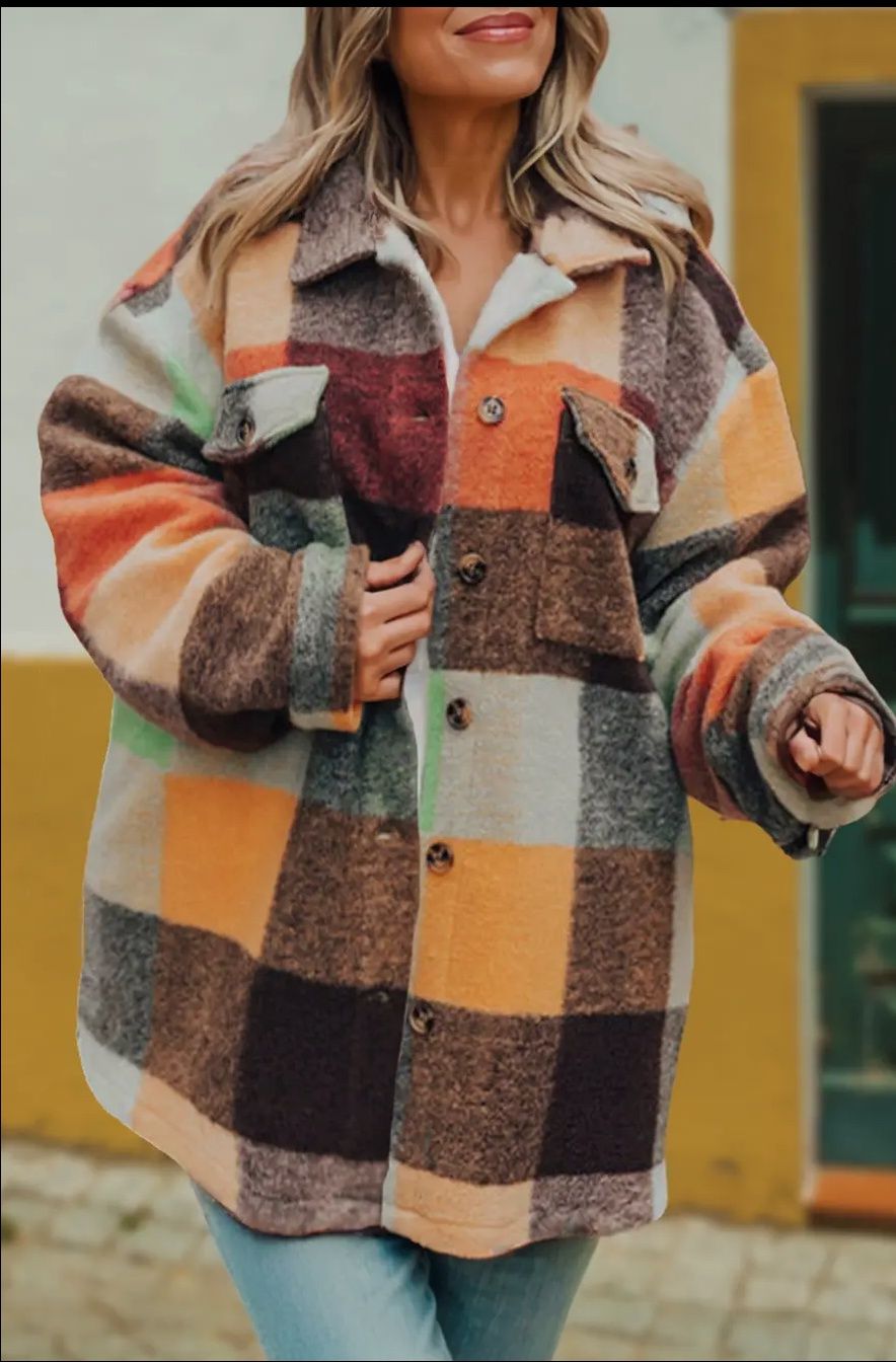 Plaid Colorblock Pockets Jacket, Size: Medium
