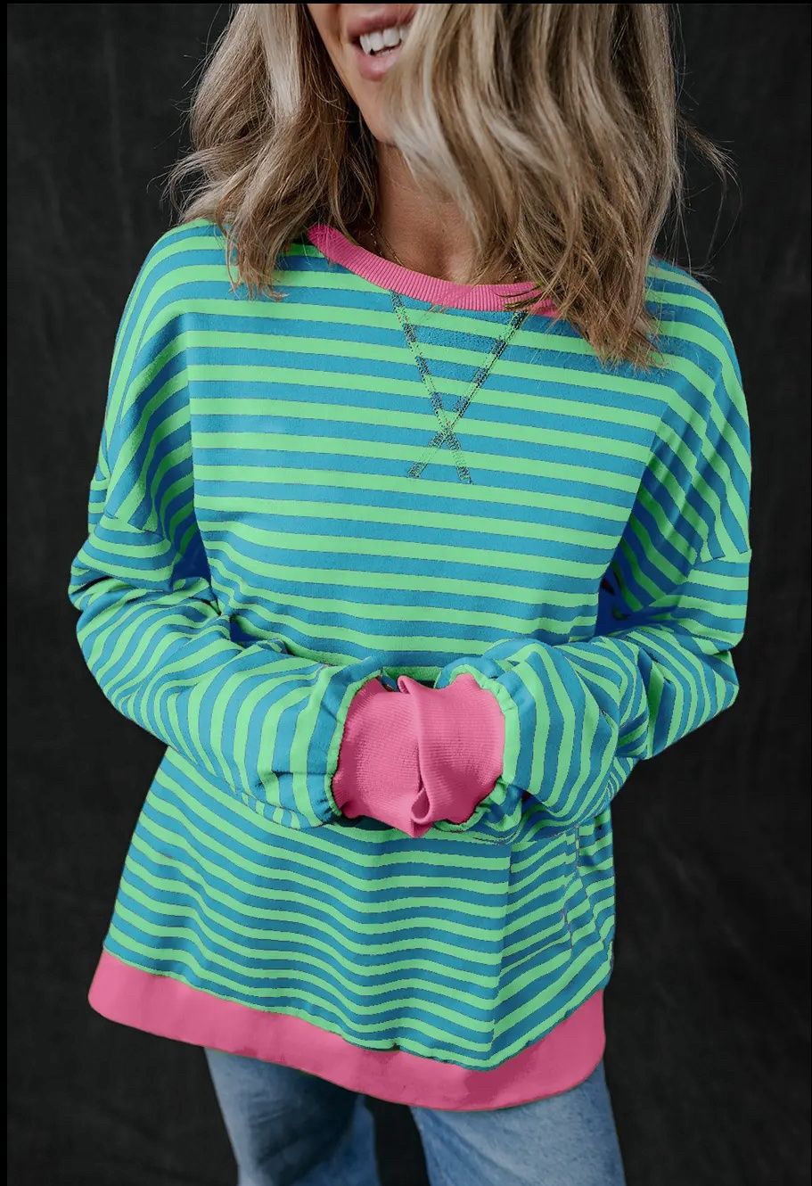 Stripe Print Long Sleeve Loose Fit Sweatshirt, Size: small